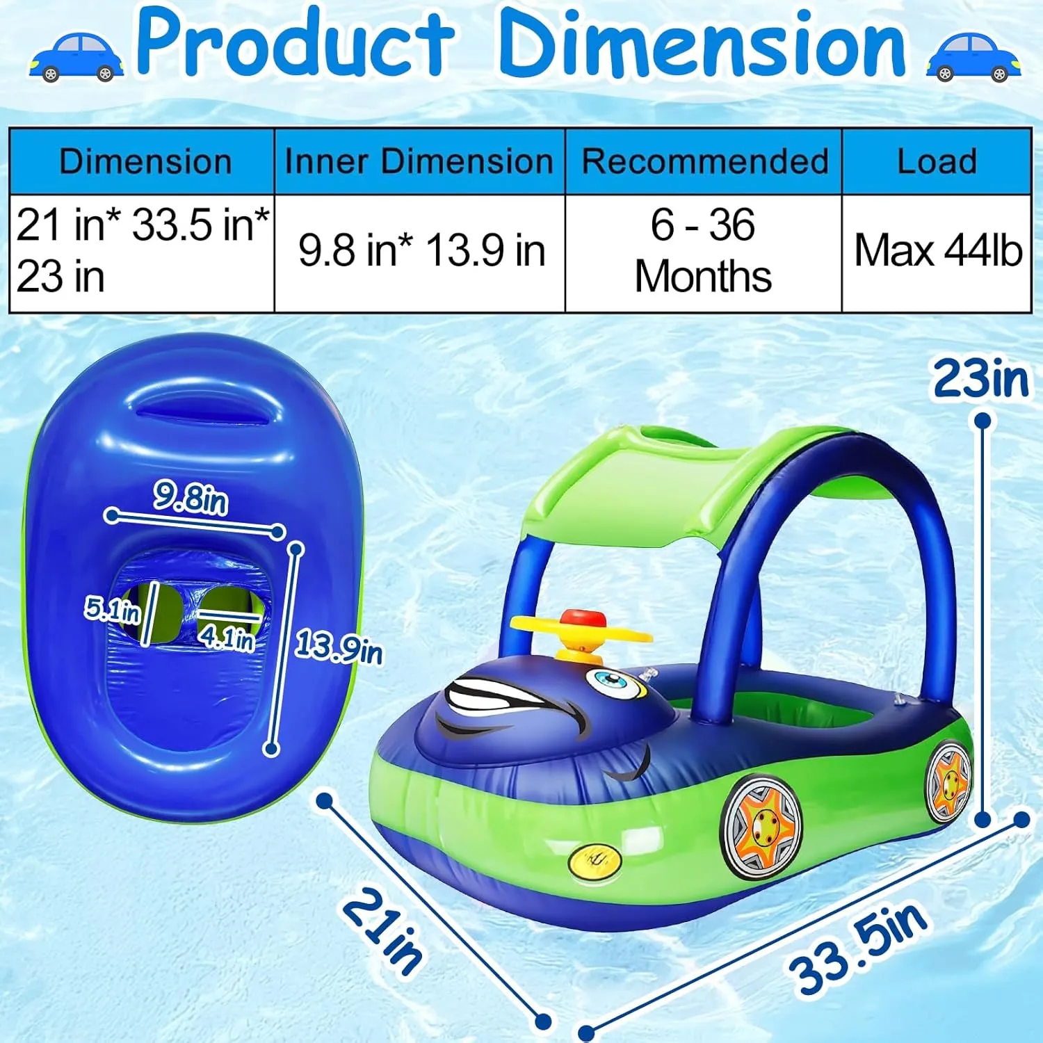 iGeeKid Inflatable Baby Pool Float with Canopy, Safty Seat for Infant Baby Swim Float Rings Car Shaped Swimming Pool Floaties for Babies Toddler Age of 6-36 Months (Blue)