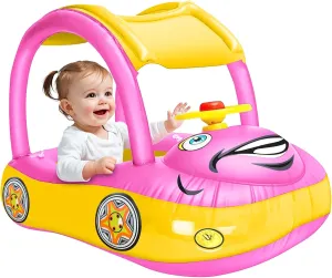 iGeeKid Inflatable Baby Pool Float with Canopy, Safty Seat for Infant Baby Swim Float Rings Car Shaped Swimming Pool Floaties for Babies Toddler Age of 6-36 Months (Pink)