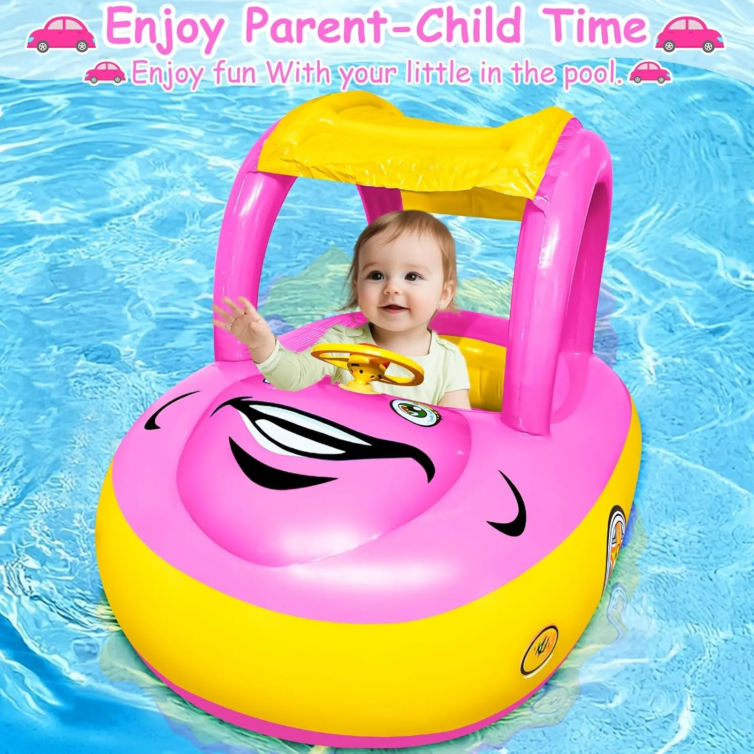 iGeeKid Inflatable Baby Pool Float with Canopy, Safty Seat for Infant Baby Swim Float Rings Car Shaped Swimming Pool Floaties for Babies Toddler Age of 6-36 Months (Pink)