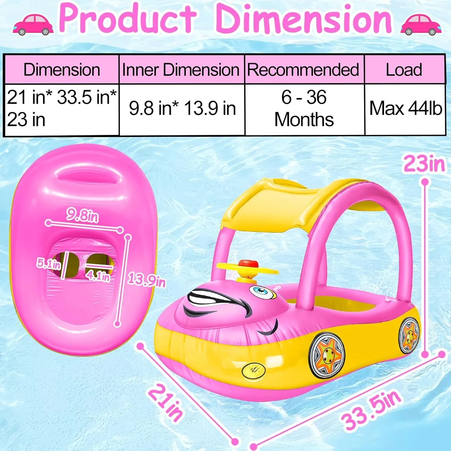 iGeeKid Inflatable Baby Pool Float with Canopy, Safty Seat for Infant Baby Swim Float Rings Car Shaped Swimming Pool Floaties for Babies Toddler Age of 6-36 Months (Pink)