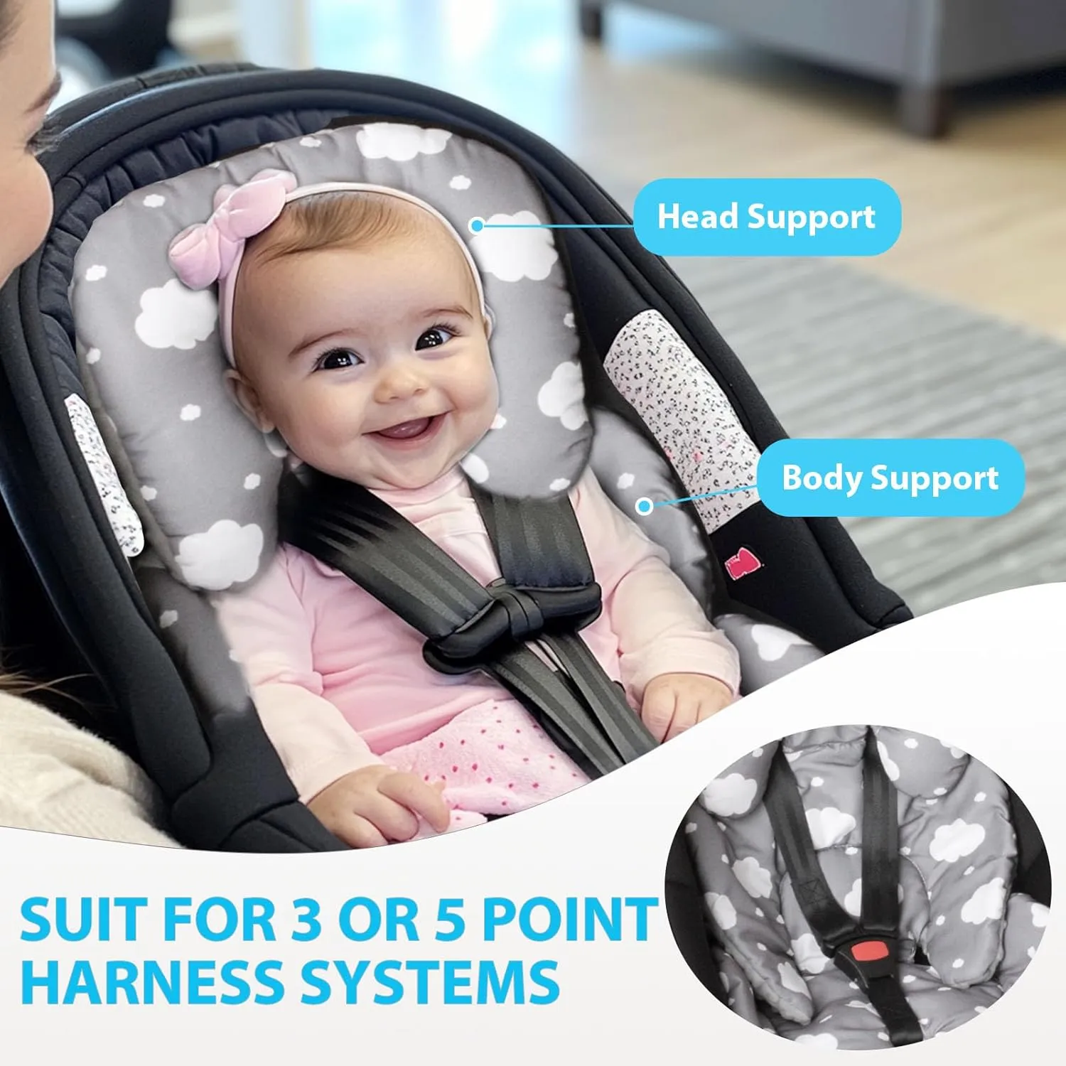 Infant Carseat Insert 2-in-1 Reversible Cushion Carseat Head Support for Newborn, Breathable Minky Baby Car Seat Cushion for Carseats, Stroller, Swing, Bouncer (Grey)