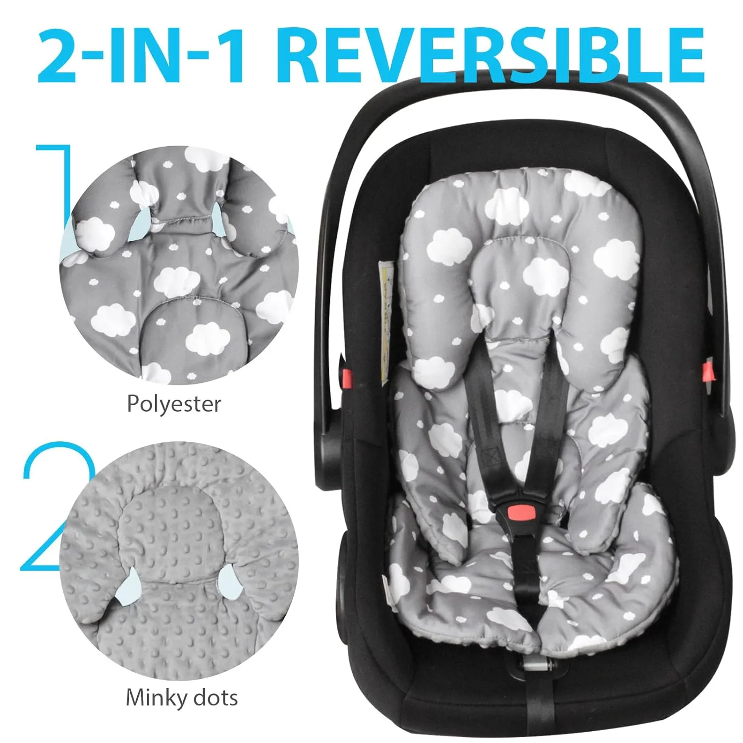 Infant Carseat Insert 2-in-1 Reversible Cushion Carseat Head Support for Newborn, Breathable Minky Baby Car Seat Cushion for Carseats, Stroller, Swing, Bouncer (Grey)