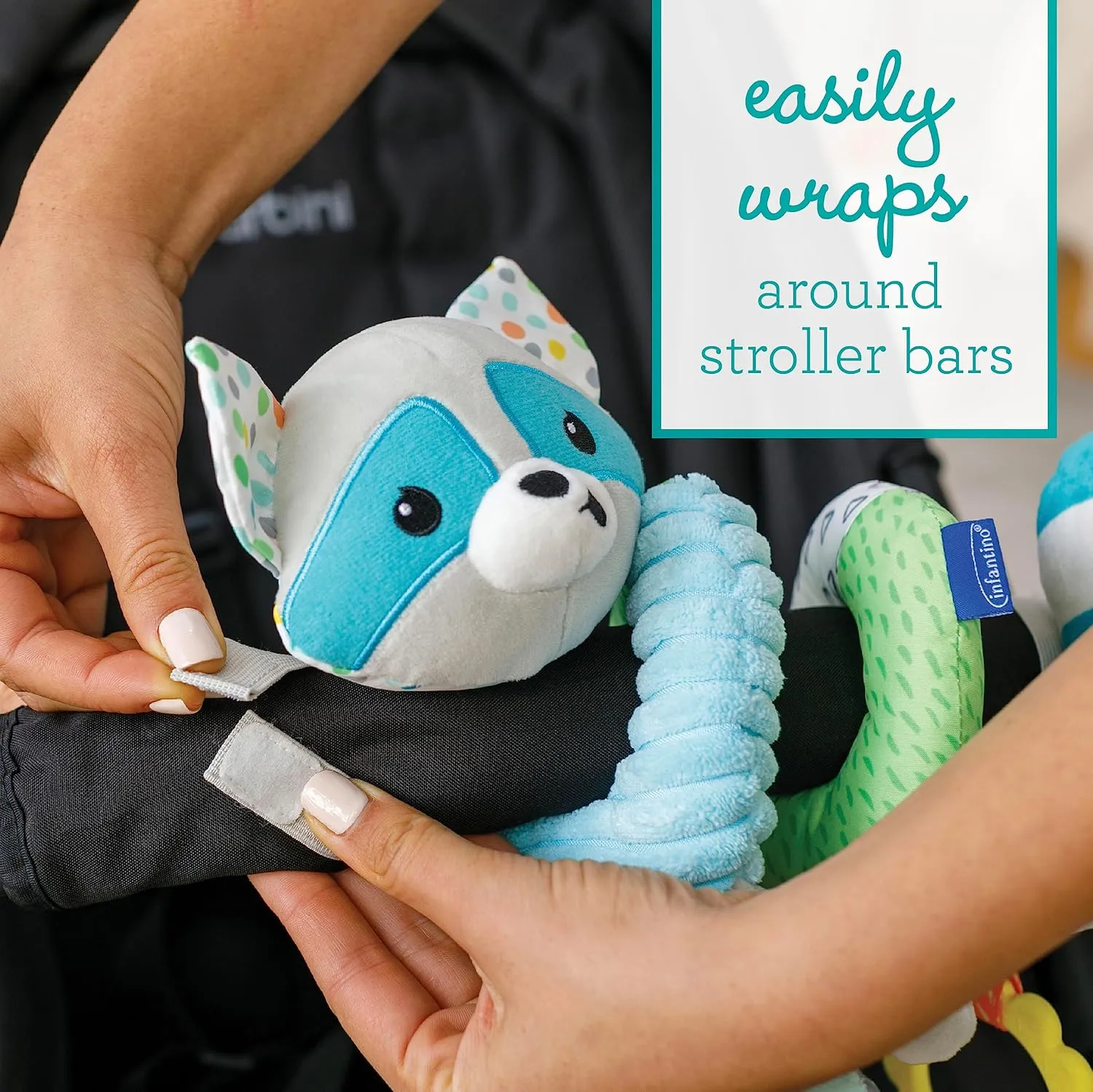 Infantino Spiral Activity Toy - Textured Play Activity Toy for Sensory Exploration and Engagement, Ages 0 and Up, Blue Raccoon