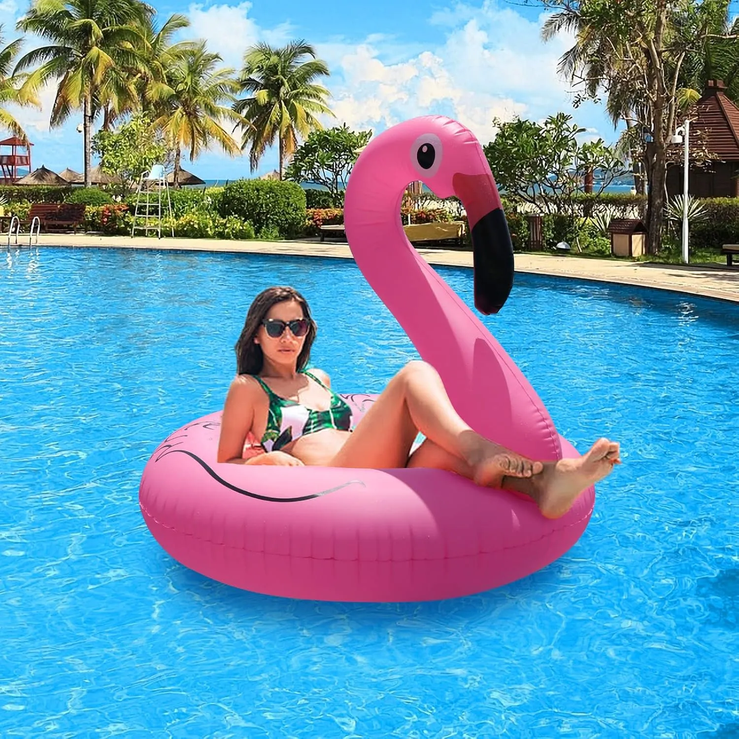 Inflatable Flamingo Pool Floats with Lights, FlyfreeU Solar Powered Flamingo Swim Tube Rings, 42'' Lake Beach Floaties Swimming Rings Summer Pool Raft Lounger for Adults Water Party Supplies.