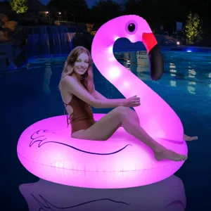 Inflatable Flamingo Pool Floats with Lights, FlyfreeU Solar Powered Flamingo Swim Tube Rings, 42'' Lake Beach Floaties Swimming Rings Summer Pool Raft Lounger for Adults Water Party Supplies.