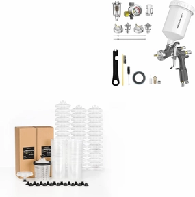 InoKraft D1 LVLP Air Spray Gun Disposable Paint Sprayer Gun Cup 22 Ounce(650ml) Kit with 45 Cups and Lids System, 1 Hard Cup with Retainer Ring and 20 Plugs