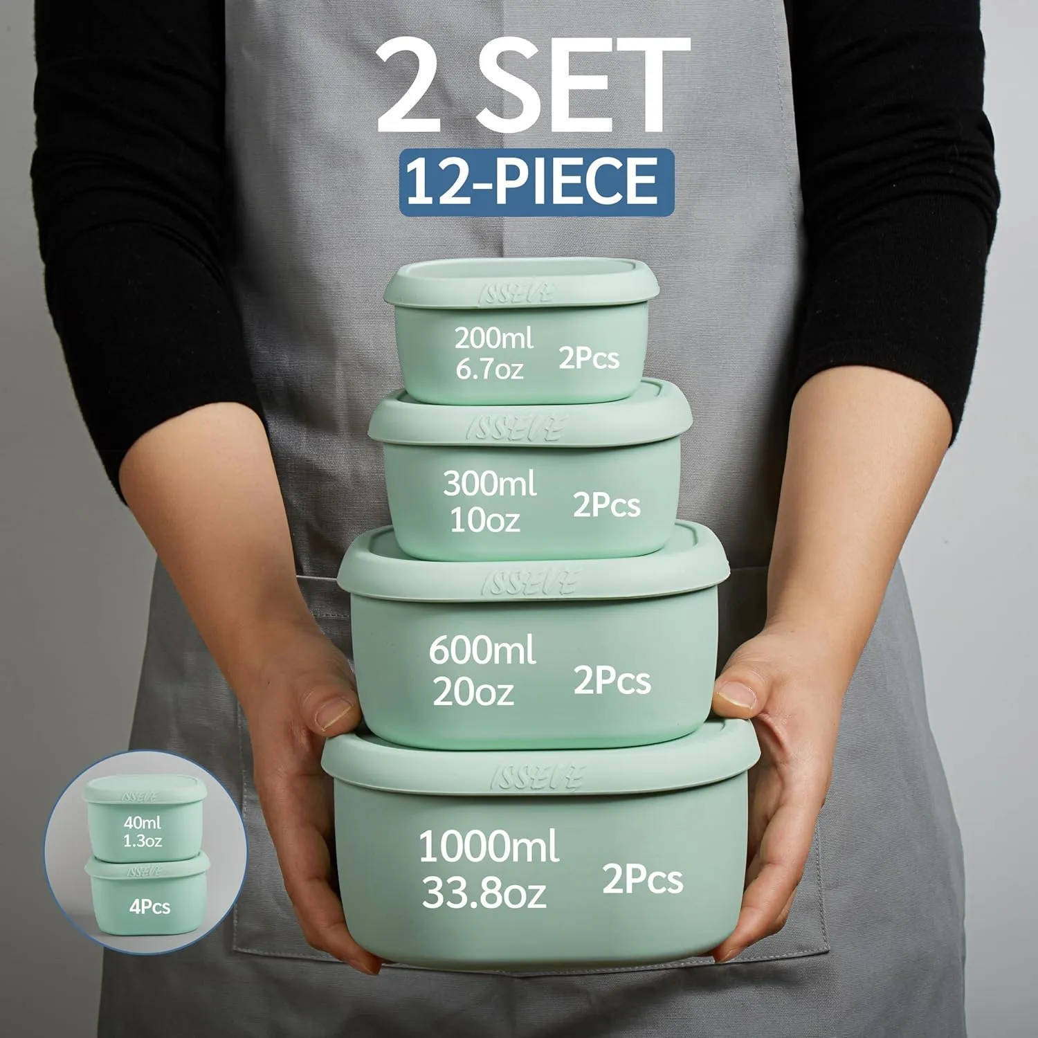 ISSEVE 12Pcs/Set Nesting Silicone Food Storage Containers with Lids, BPA Free Reusable Meal Prep Silicone Containers Airtight, Freezer Dishwasher Safe (33.8oz, 20oz, 10oz, 6.7oz, 1.3oz) (Green)