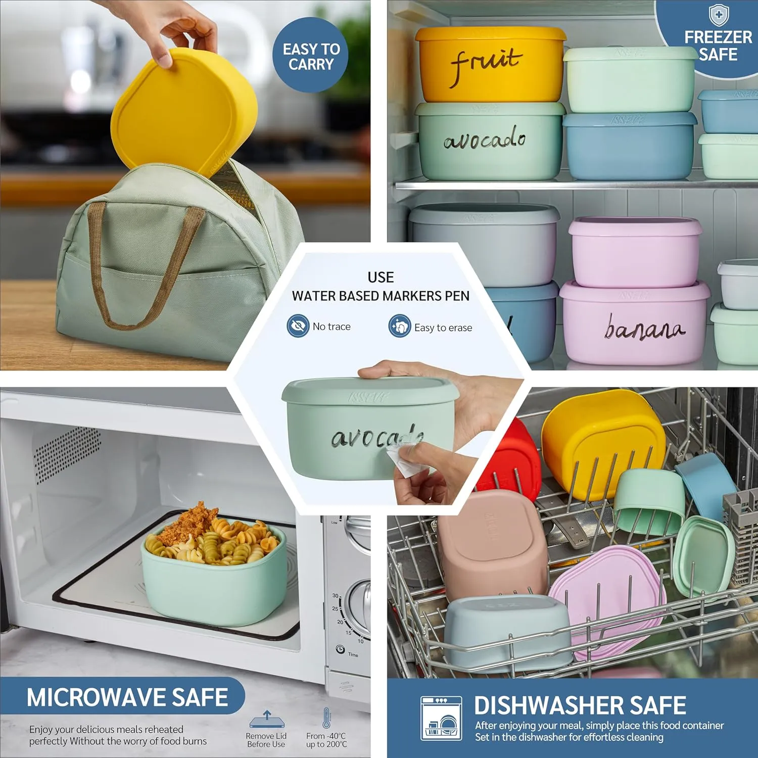 ISSEVE 12Pcs/Set Nesting Silicone Food Storage Containers with Lids, BPA Free Reusable Meal Prep Silicone Containers Airtight, Freezer Dishwasher Safe (33.8oz, 20oz, 10oz, 6.7oz, 1.3oz) (Green)