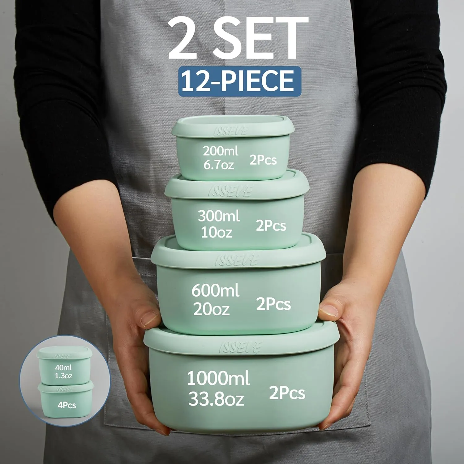 ISSEVE 12Pcs/Set Nesting Silicone Food Storage Containers with Lids, BPA Free Reusable Meal Prep Silicone Containers Airtight, Freezer Dishwasher Safe (33.8oz, 20oz, 10oz, 6.7oz, 1.3oz) (Green)