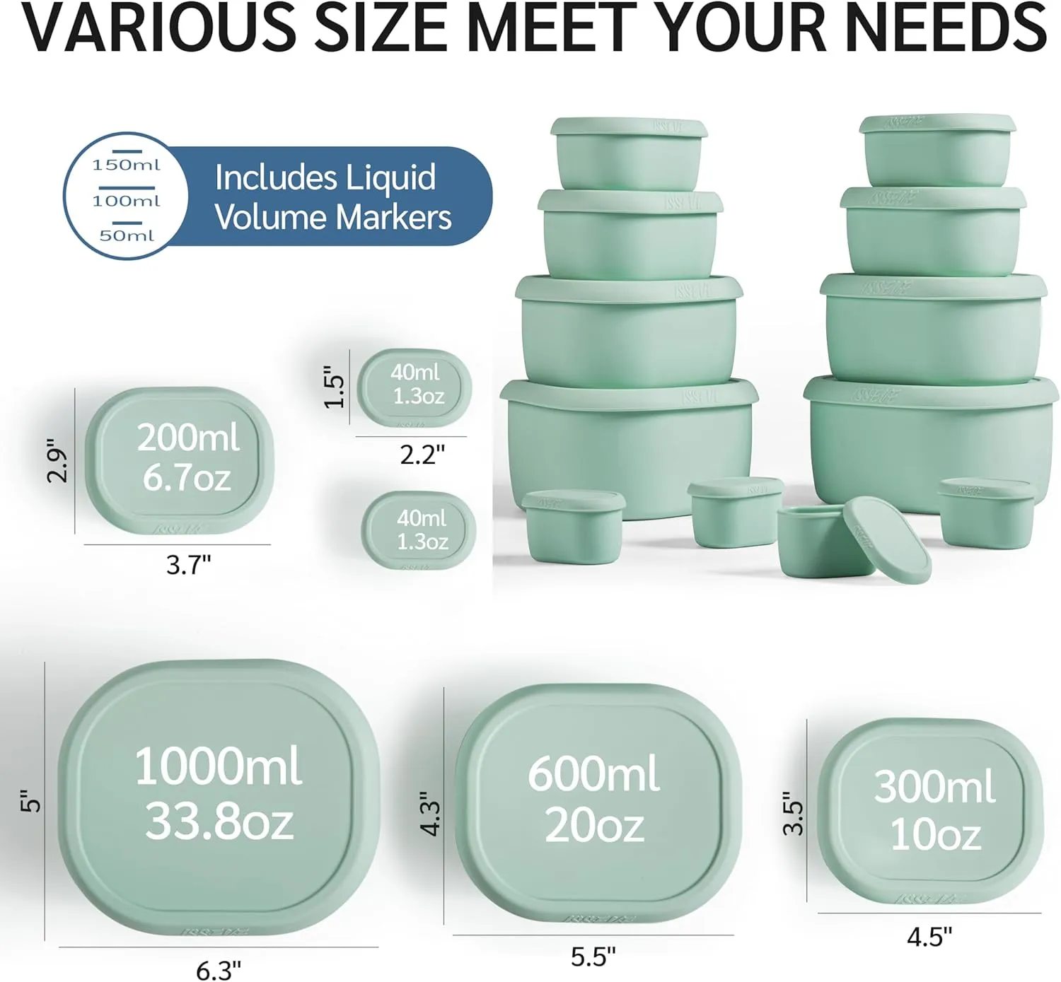 ISSEVE 12Pcs/Set Nesting Silicone Food Storage Containers with Lids, BPA Free Reusable Meal Prep Silicone Containers Airtight, Freezer Dishwasher Safe (33.8oz, 20oz, 10oz, 6.7oz, 1.3oz) (Green)