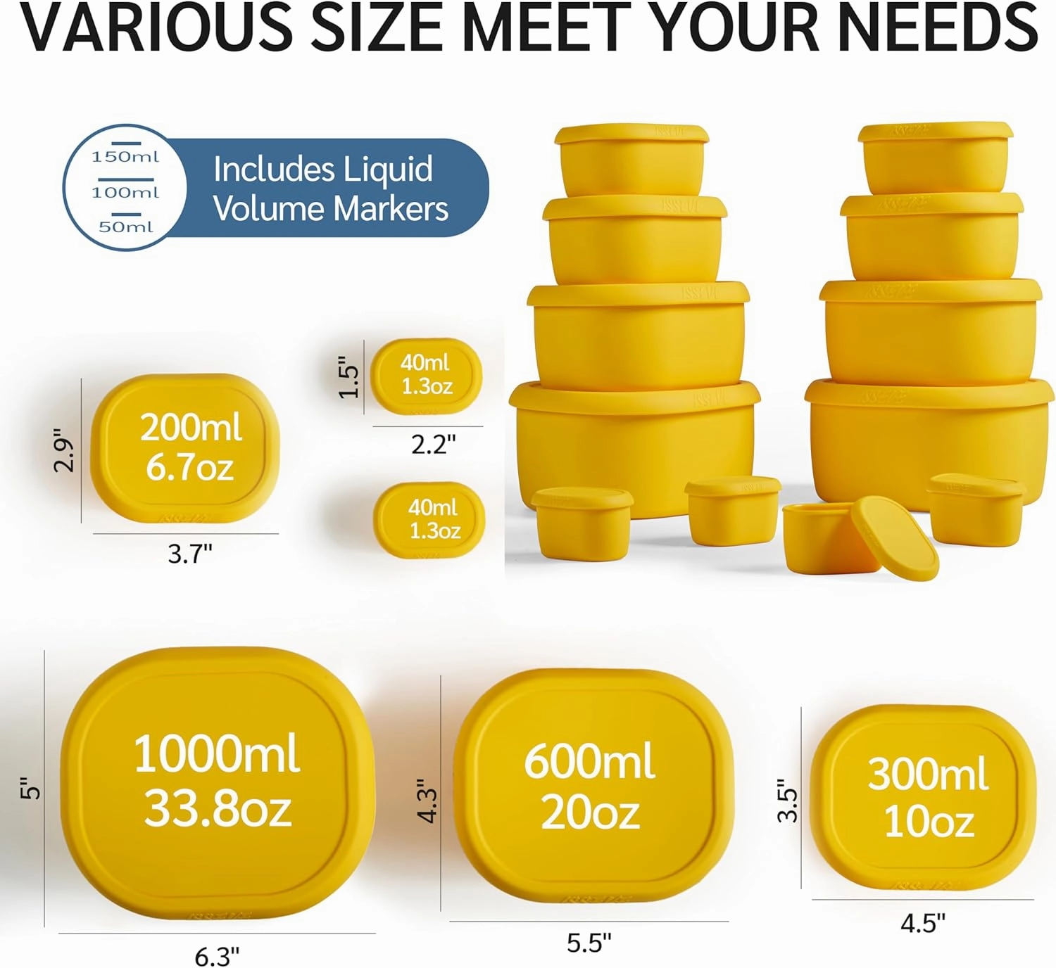 ISSEVE 12Pcs/Set Nesting Silicone Food Storage Containers with Lids, BPA Free Reusable Meal Prep Silicone Containers Airtight, Freezer Dishwasher Safe (33.8oz, 20oz, 10oz, 6.7oz, 1.3oz) (Yellow)