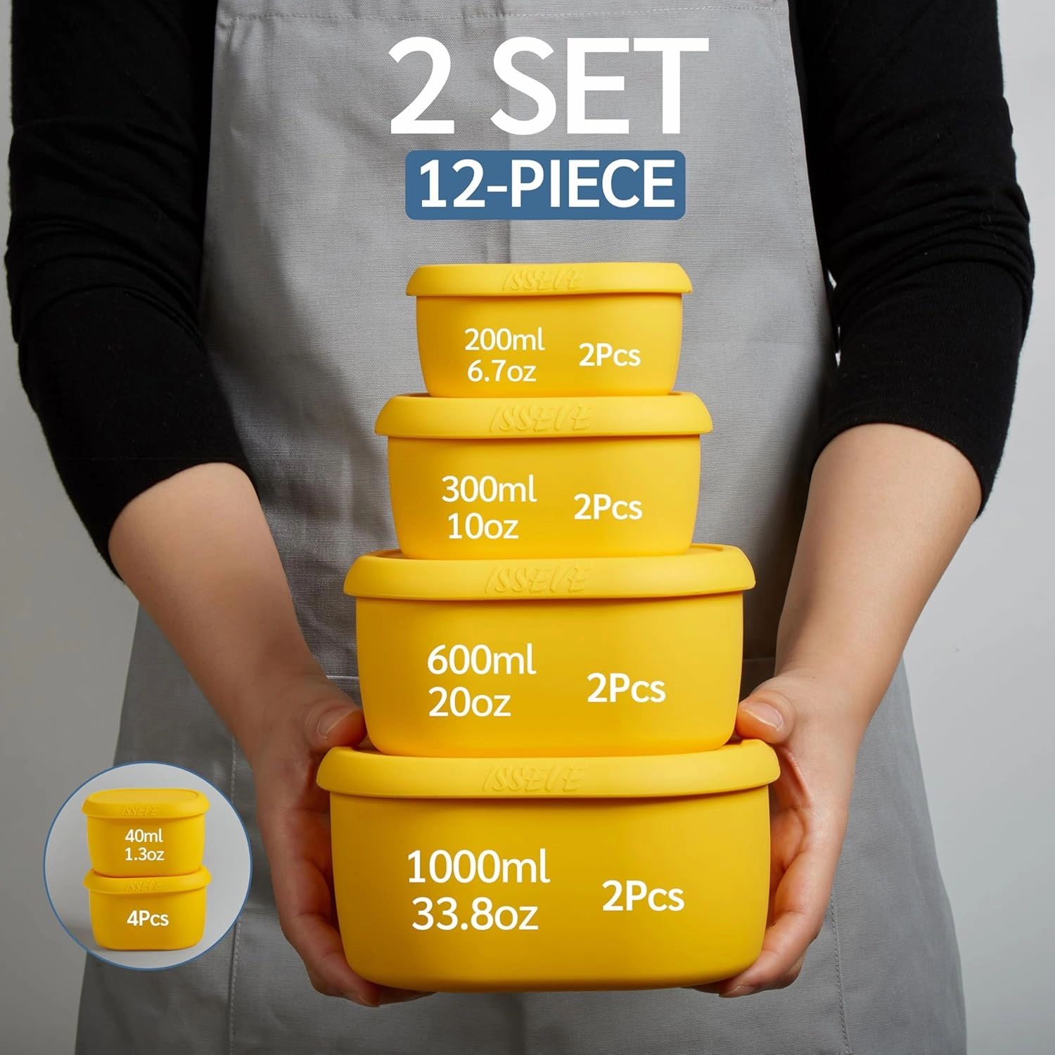 ISSEVE 12Pcs/Set Nesting Silicone Food Storage Containers with Lids, BPA Free Reusable Meal Prep Silicone Containers Airtight, Freezer Dishwasher Safe (33.8oz, 20oz, 10oz, 6.7oz, 1.3oz) (Yellow)