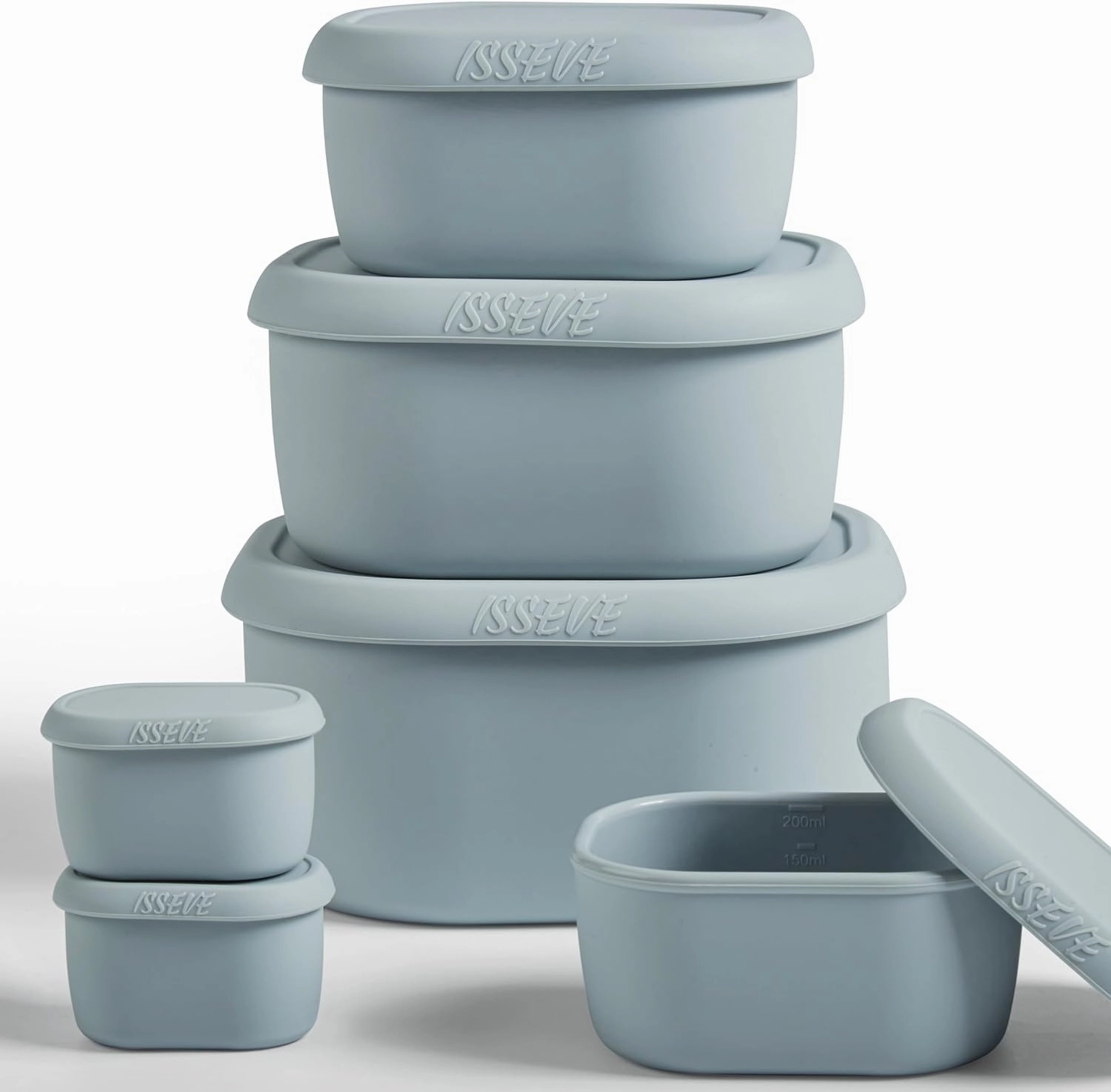 ISSEVE 6Pcs/Set Nesting Silicone Food Storage Containers with Lids, BPA Free Reusable Meal Prep Silicone Containers Lunch Box Bento Box Set (33.8oz, 20oz, 10oz, 6.7oz, 1.3oz) (Grey)