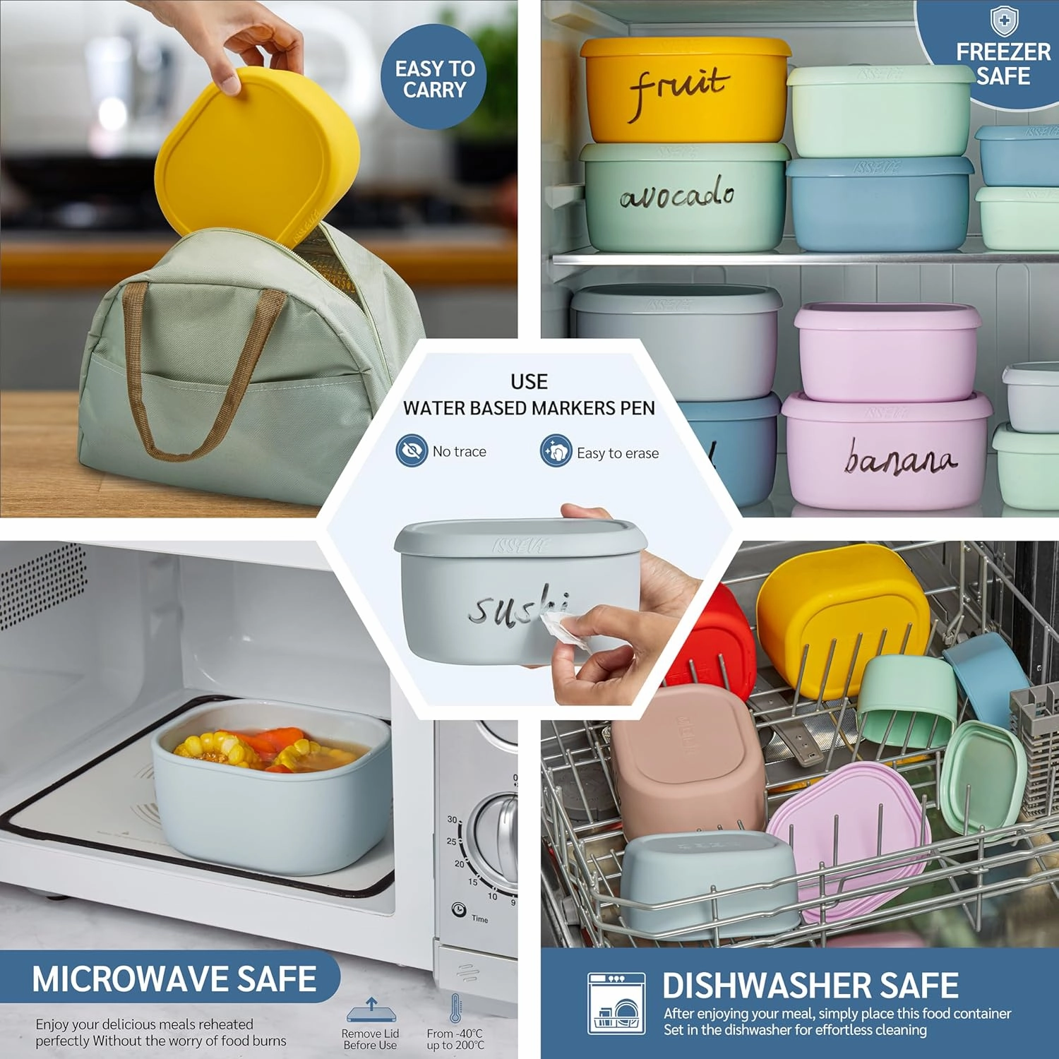ISSEVE 6Pcs/Set Nesting Silicone Food Storage Containers with Lids, BPA Free Reusable Meal Prep Silicone Containers Lunch Box Bento Box Set (33.8oz, 20oz, 10oz, 6.7oz, 1.3oz) (Grey)