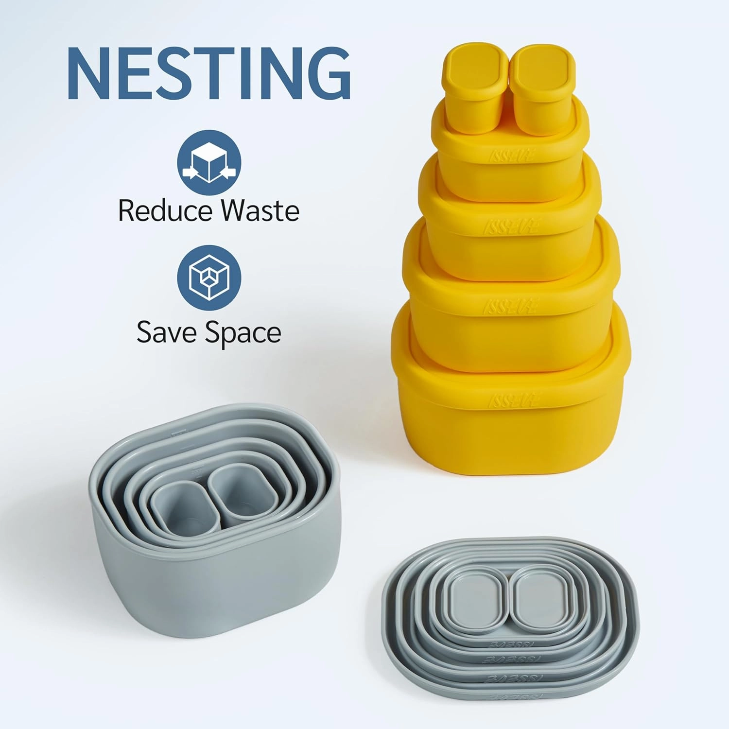 ISSEVE 6Pcs/Set Nesting Silicone Food Storage Containers with Lids, BPA Free Reusable Meal Prep Silicone Containers Lunch Box Bento Box Set (33.8oz, 20oz, 10oz, 6.7oz, 1.3oz) (Grey)