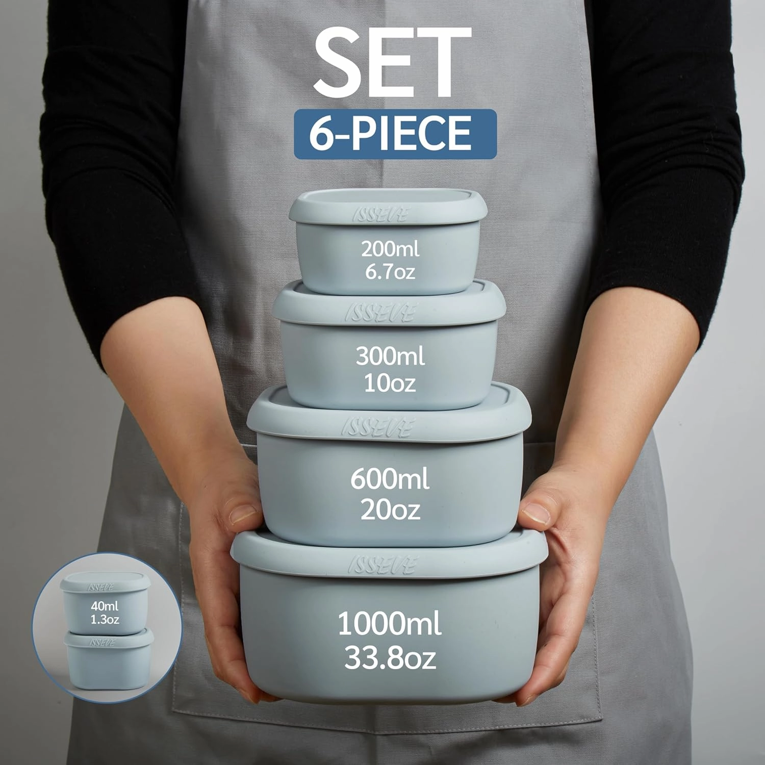 ISSEVE 6Pcs/Set Nesting Silicone Food Storage Containers with Lids, BPA Free Reusable Meal Prep Silicone Containers Lunch Box Bento Box Set (33.8oz, 20oz, 10oz, 6.7oz, 1.3oz) (Grey)