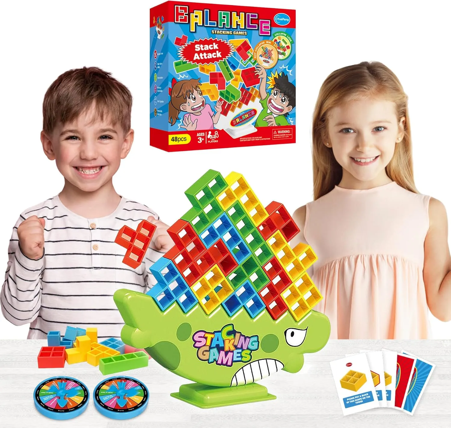 iYuePeng 48Pcs Dinosaur Stack Attack Building Balance Game, Swing Stack Board Game with Cards for Kids Age 3 , Drop The Pile of Blocks Toys for Kids & Adult, 2 Players, Family, Parties, Travel
