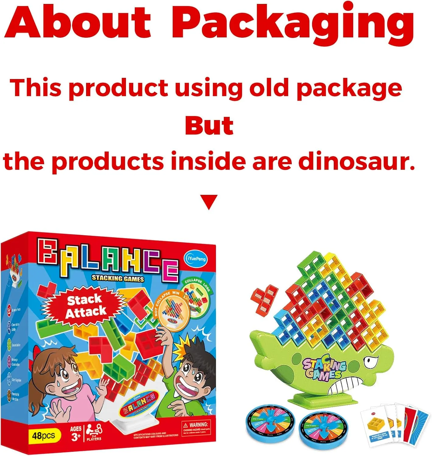 iYuePeng 48Pcs Dinosaur Stack Attack Building Balance Game, Swing Stack Board Game with Cards for Kids Age 3 , Drop The Pile of Blocks Toys for Kids & Adult, 2 Players, Family, Parties, Travel