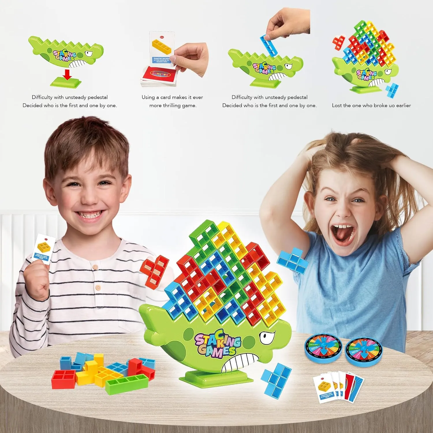iYuePeng 48Pcs Dinosaur Stack Attack Building Balance Game, Swing Stack Board Game with Cards for Kids Age 3 , Drop The Pile of Blocks Toys for Kids & Adult, 2 Players, Family, Parties, Travel