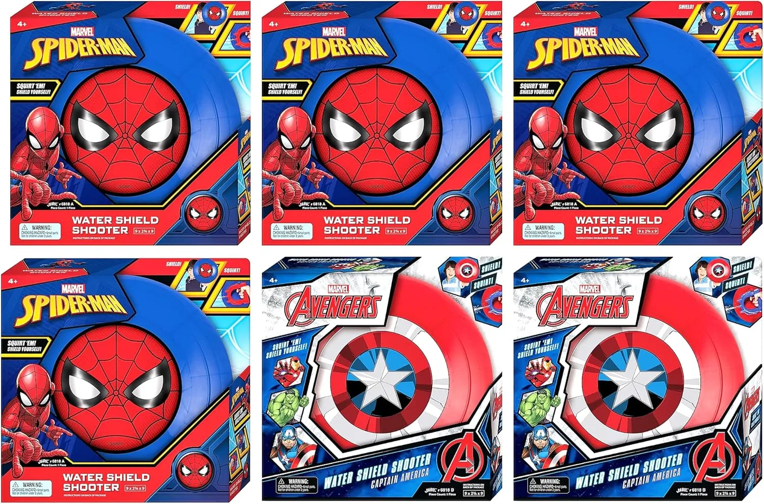 JA-RU Marvel Avengers Spiderman & Captain America Shield Water Gun Blaster (6 Units) Super Hero Water Squirter for Kids. Swimming Pool Toys. Outdoor Water Games. 4S-2C-6818-6