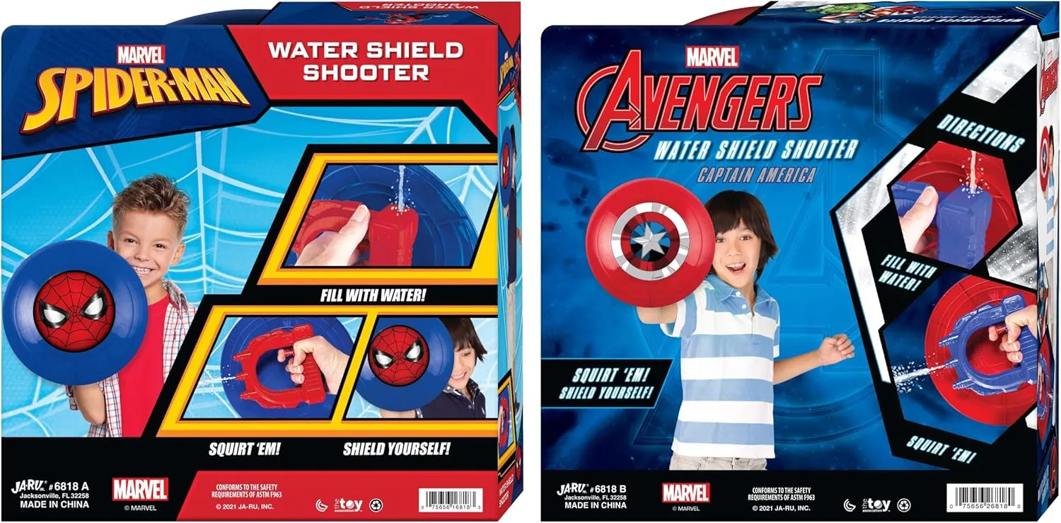 JA-RU Marvel Avengers Spiderman & Captain America Shield Water Gun Blaster (6 Units) Super Hero Water Squirter for Kids. Swimming Pool Toys. Outdoor Water Games. 4S-2C-6818-6