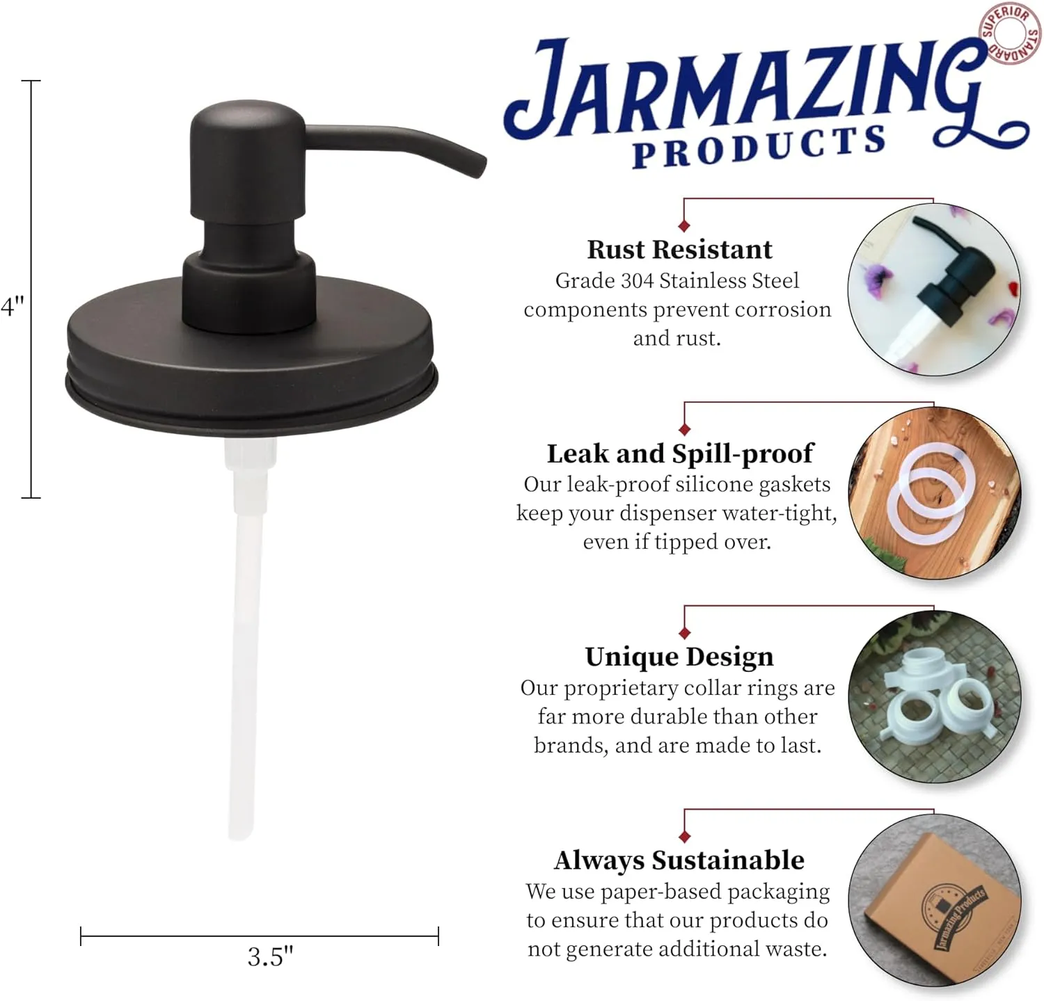Jarmazing Products Wide Mouth Black Mason Jar Soap Dispenser Lids - Two Pack - for All Wide Mouth Canning Jars