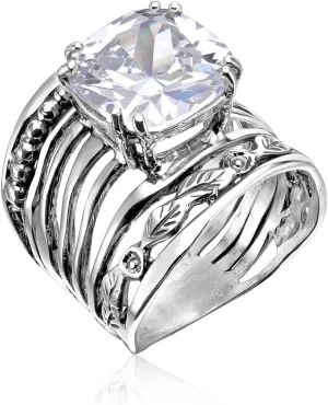 JEAN RACHEL JEWELRY 925 Sterling Silver Ring with 12mm Cushion Shaped Cubic Zirconia Vintage Design - Hypoallergenic, Lead & Nickel Free - Artisan Handcrafted Statement Rings for Women