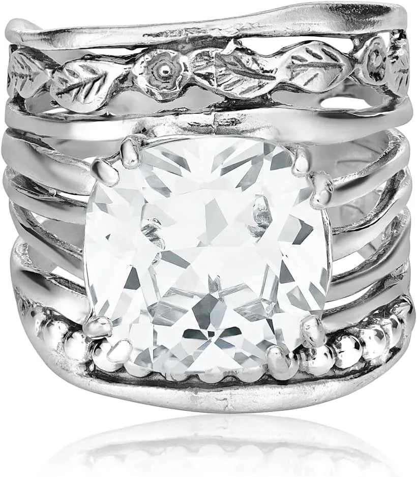 JEAN RACHEL JEWELRY 925 Sterling Silver Ring with 12mm Cushion Shaped Cubic Zirconia Vintage Design - Hypoallergenic, Lead & Nickel Free - Artisan Handcrafted Statement Rings for Women