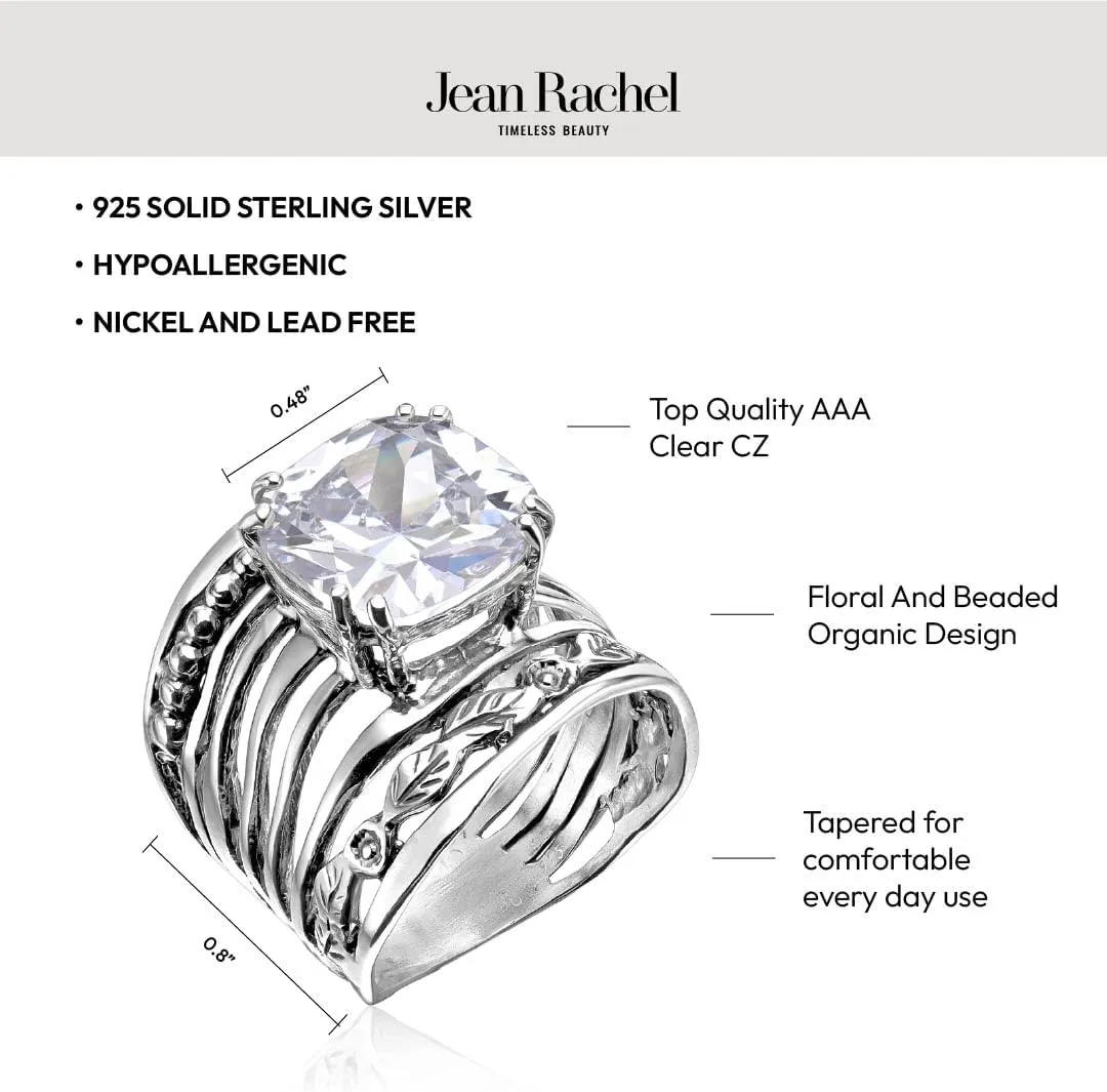 JEAN RACHEL JEWELRY 925 Sterling Silver Ring with 12mm Cushion Shaped Cubic Zirconia Vintage Design - Hypoallergenic, Lead & Nickel Free - Artisan Handcrafted Statement Rings for Women