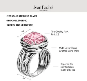 JEAN RACHEL JEWELRY 925 Sterling Silver Ring - Wrap Vintage Design with Cushion Shaped Cubic Zirconia - Hypoallergenic, Lead & Nickel Free - Artisan Handcrafted Statement Rings for Women