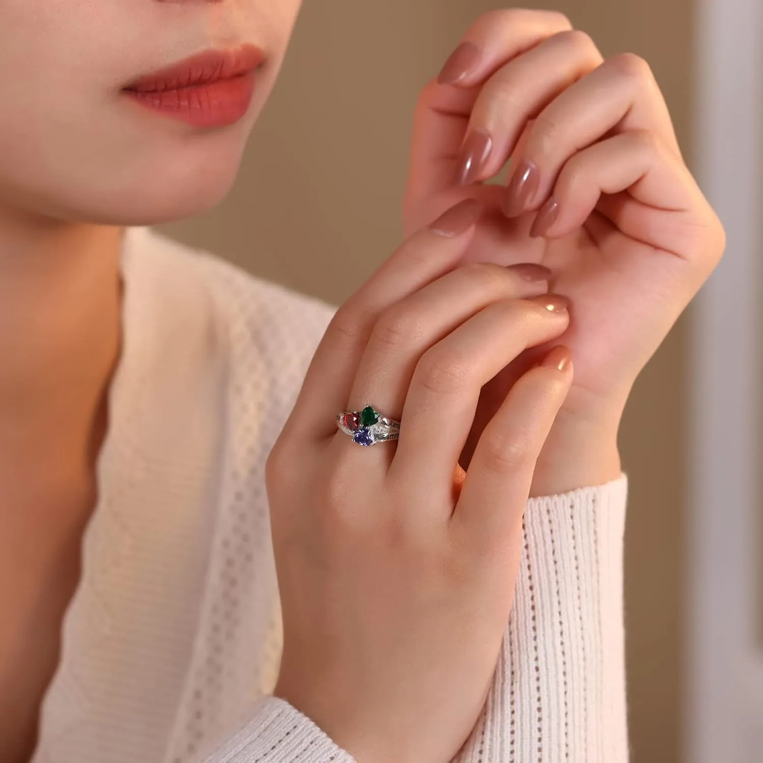JewelOra Personalized Family Mothers Rings with 3 Simulated Birthstones Customized Name Rings for Women Engraved Family Name Promise Gift for Mommy