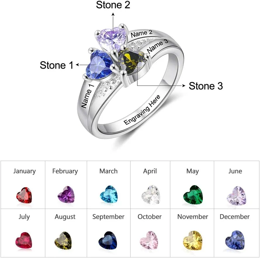 JewelOra Personalized Family Mothers Rings with 3 Simulated Birthstones Customized Name Rings for Women Engraved Family Name Promise Gift for Mommy