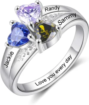 JewelOra Personalized Family Mothers Rings with 3 Simulated Birthstones Customized Name Rings for Women Engraved Family Name Promise Gift for Mommy