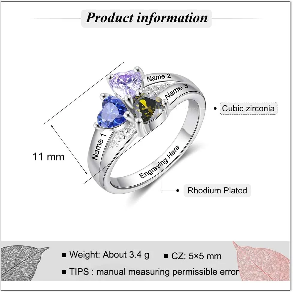 JewelOra Personalized Family Mothers Rings with 3 Simulated Birthstones Customized Name Rings for Women Engraved Family Name Promise Gift for Mommy