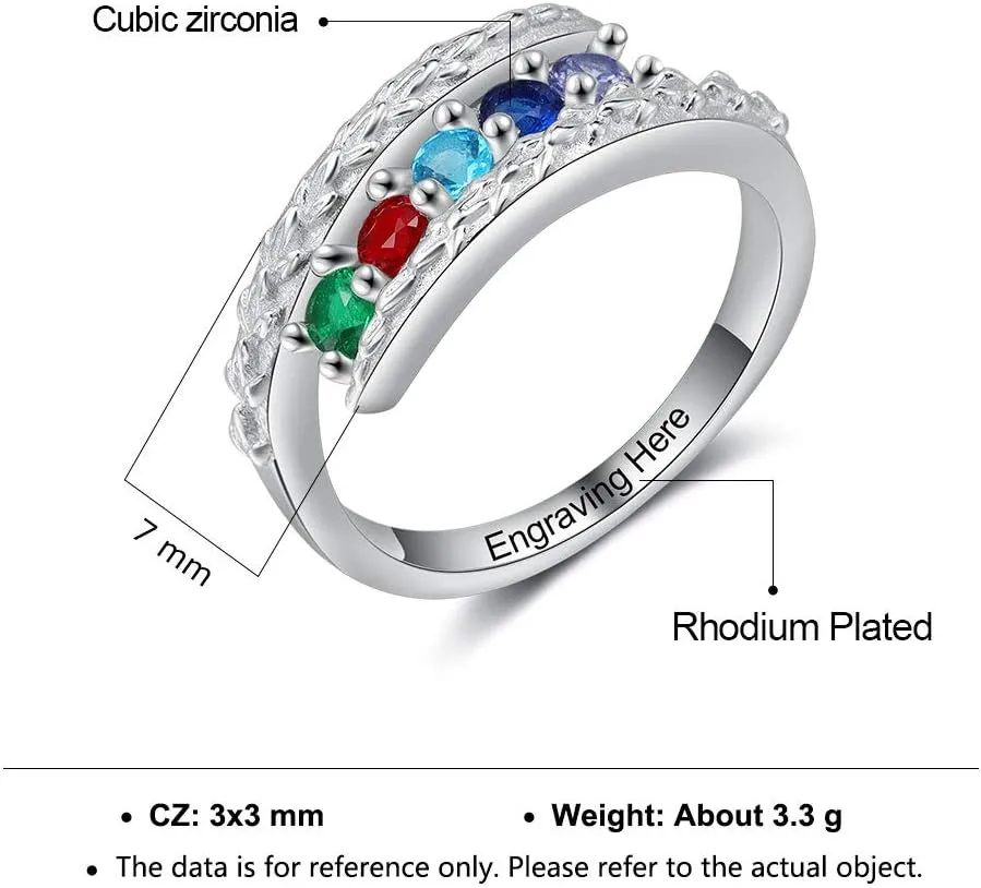 JewelOra Personalized Family Mothers Rings with 5 Simulated Birthstones Customized Name Rings for Women Engraved Name Anniversary Rings for Grandma