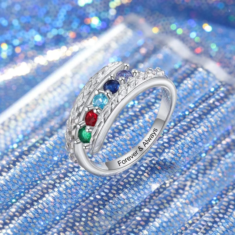 JewelOra Personalized Family Mothers Rings with 5 Simulated Birthstones Customized Name Rings for Women Engraved Name Anniversary Rings for Grandma
