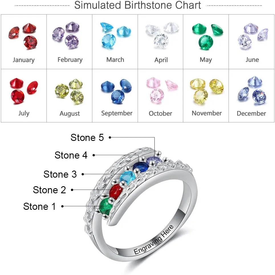 JewelOra Personalized Family Mothers Rings with 5 Simulated Birthstones Customized Name Rings for Women Engraved Name Anniversary Rings for Grandma