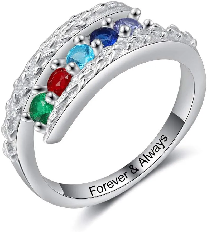 JewelOra Personalized Family Mothers Rings with 5 Simulated Birthstones Customized Name Rings for Women Engraved Name Anniversary Rings for Grandma