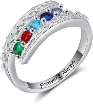 JewelOra Personalized Family Mothers Rings with 5 Simulated Birthstones Customized Name Rings for Women Engraved Name Anniversary Rings for Grandma