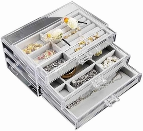 Jewelry Box , Display Jewelry Box Transparent Jewelry Box Acrylic Velvet Jewelry Storage Box With 3 Drawers Ring Earrings Necklace Bracelet Storage Jewelry Box Display Stand Jewelry Storage Ca