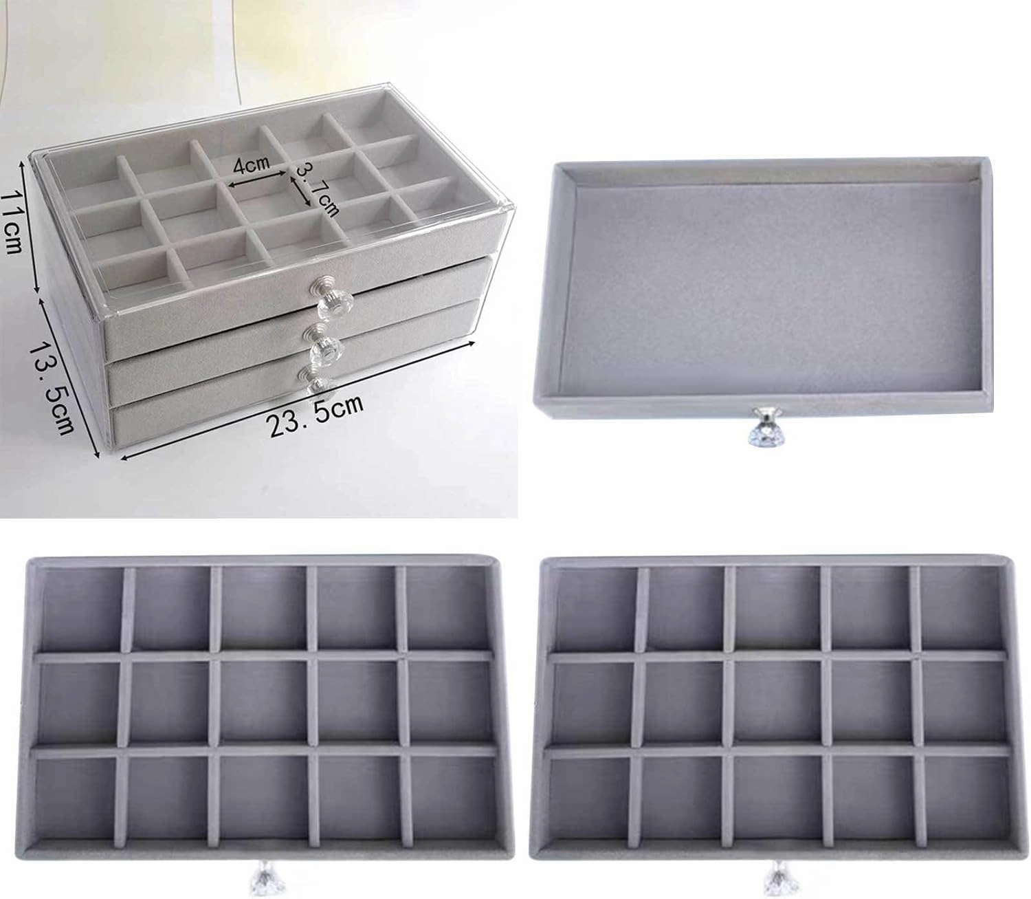 Jewelry Box, Jewelry Box with 3 Drawers 3 Layers Clear Plastic Jewelry Case with Velvet Lining for Women Portable Jewellery Storage Holder Display for Ring Earrings Necklace Bracelet Bangle Watch Gre