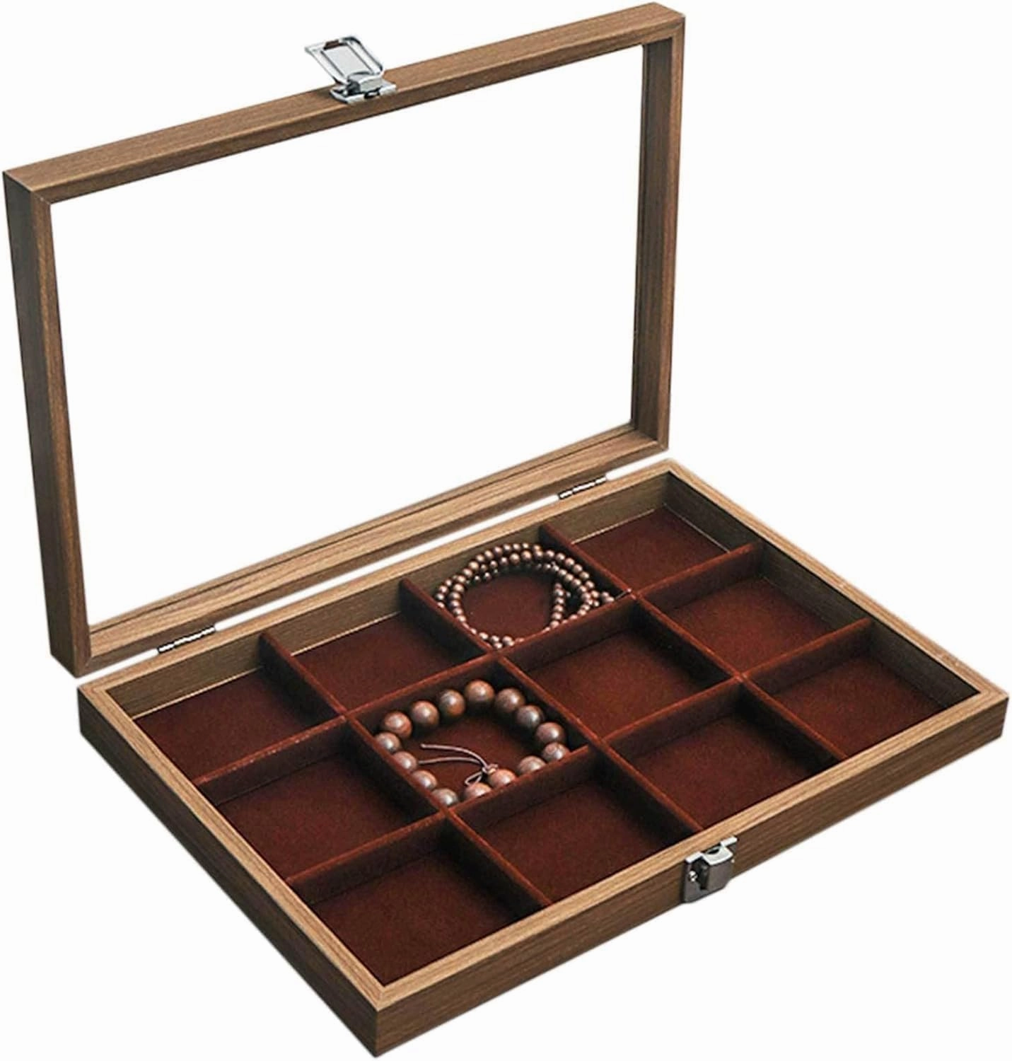 Jewelry Box, Wooden Jewelry Organizer Box with Clear Glass Lid Jewelry Holder Organizer Velvet Jewelry Storage Case for Women Earrings Rings Necklaces Bracelet Watch (A)