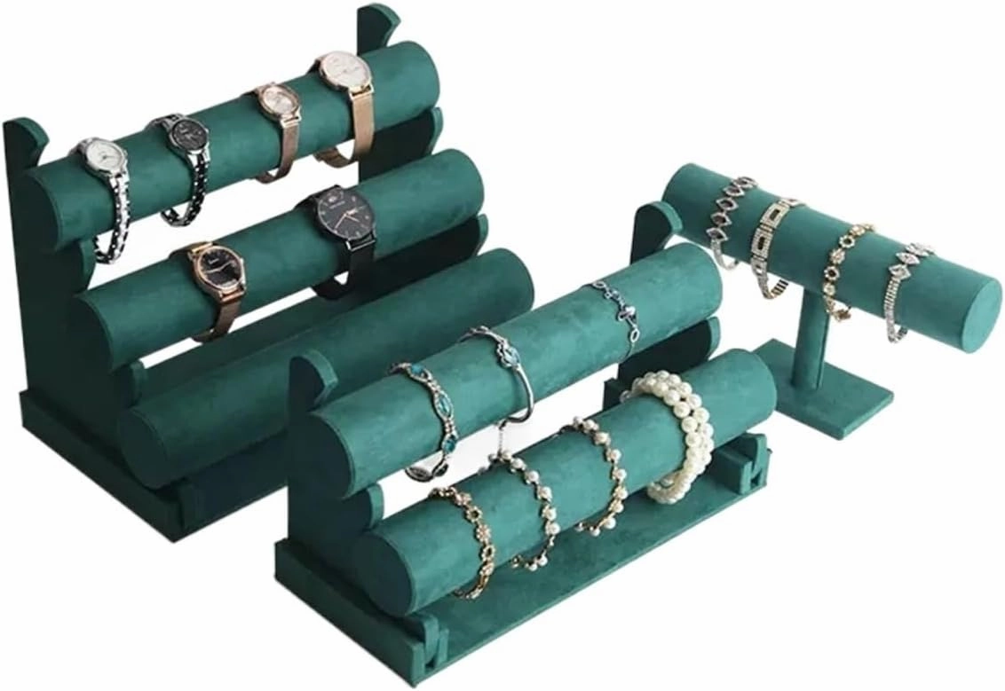 Jewelry Holder Green Velvet Bracelet Display Stand 1/2/3 Tiers Detachable T-Shaped Watch Stand for Jewelry Storage Box Exhibition Display Stand(B)