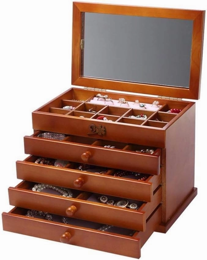 Jewelry Storage Box Gift for Women Jewellery Box Wooden 5 Layers Large Capacity Jewellery Chest with Mirror Velvet Jewellery Boxes for Women New Year Presents
