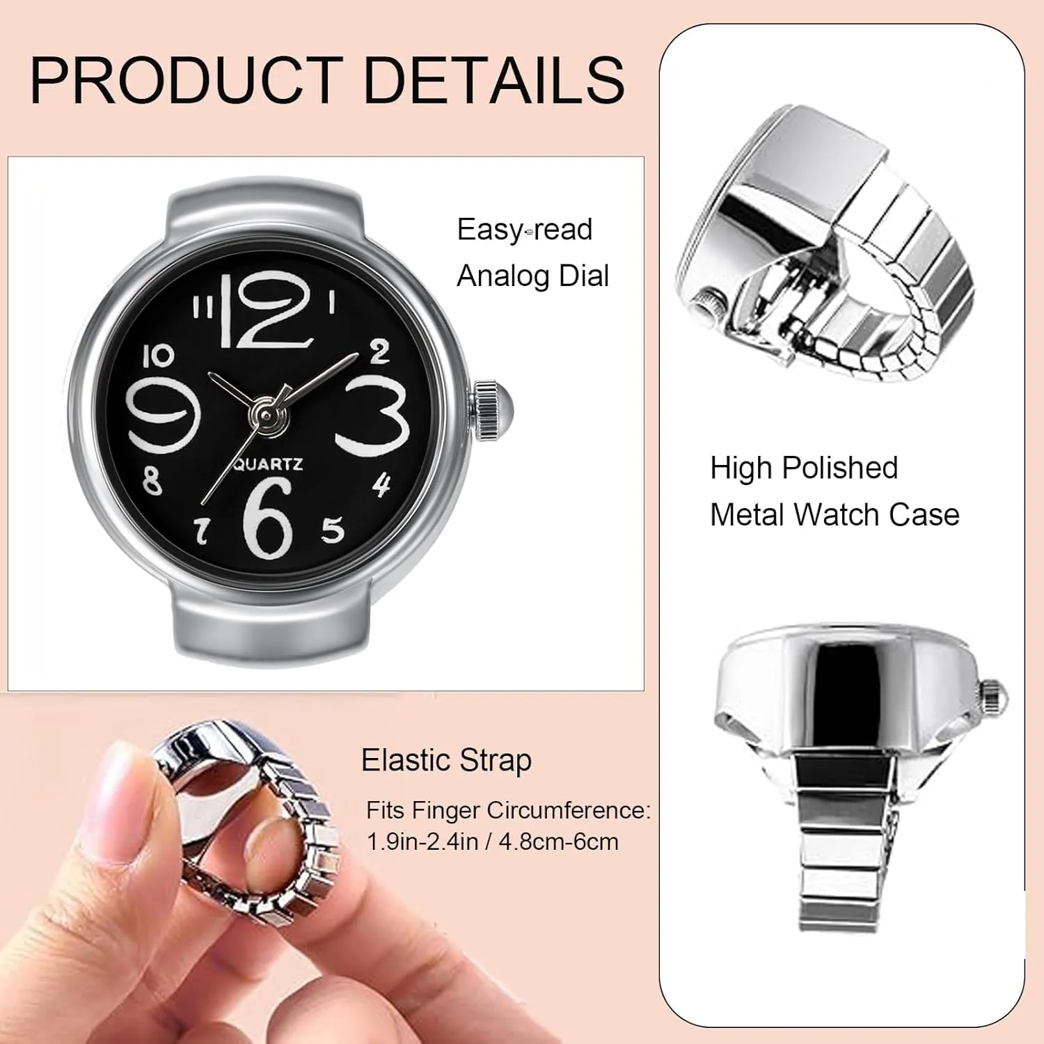 JewelryWe Men Women Finger Watches Set Wholesale Gold Silver Plated Elastic Watch Rings Round Quartz Ring Watches