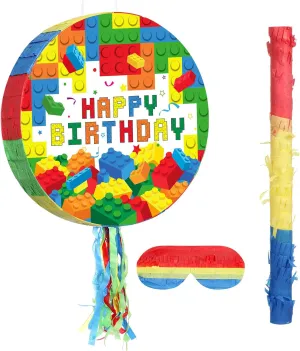 Jexine Birthday Block Piñata Set Birthday Building Piñata with Blindfold, Bat, Stick Blocks Party Supplies for Carnival Fiesta Party Supplies Event Decoration