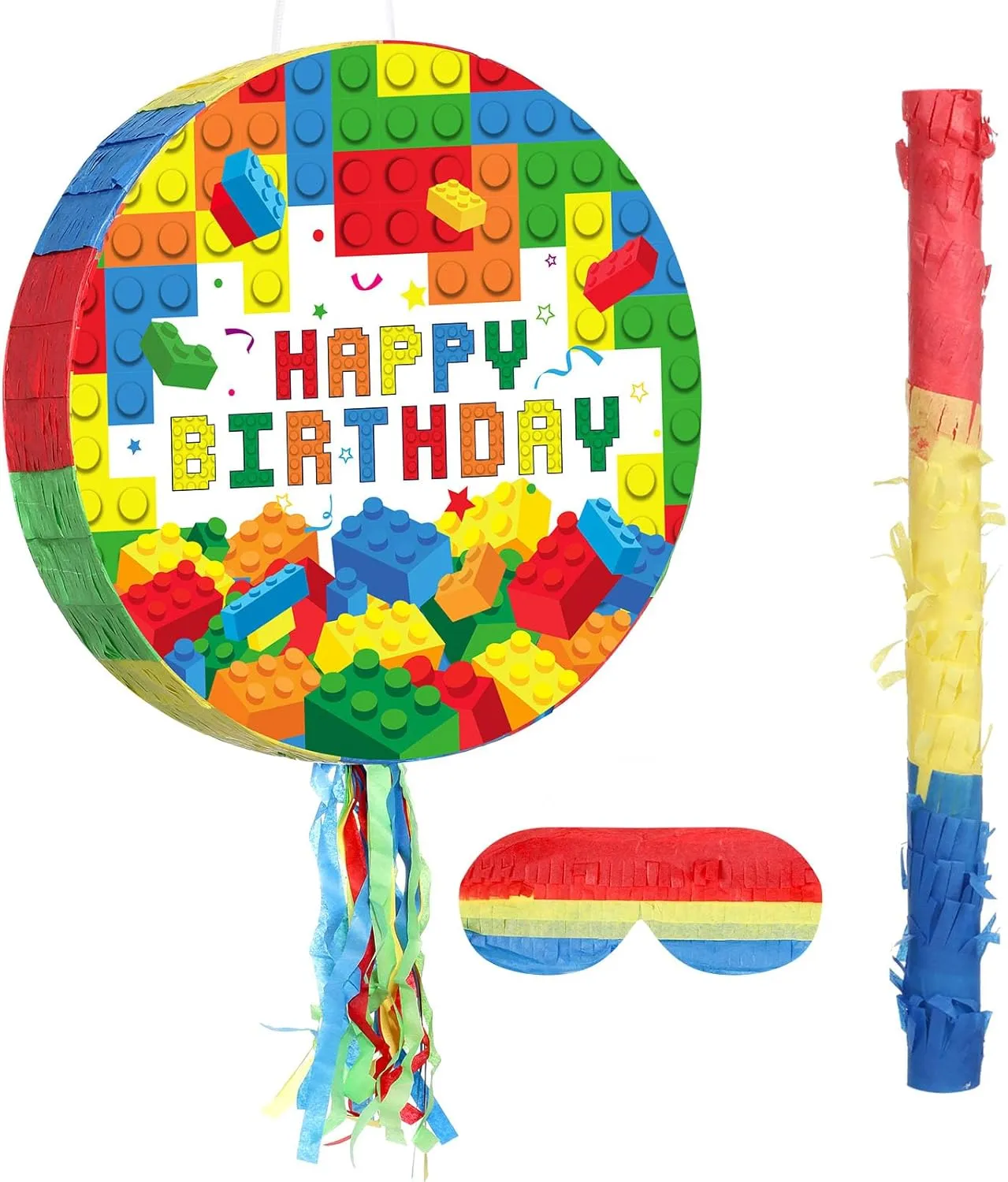 Jexine Birthday Block Piñata Set Birthday Building Piñata with Blindfold, Bat, Stick Blocks Party Supplies for Carnival Fiesta Party Supplies Event Decoration