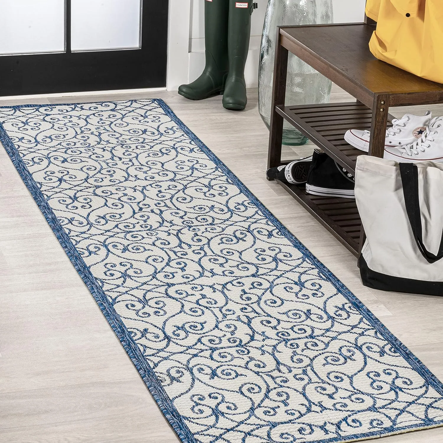 JONATHAN Y SMB107F-28 Madrid Vintage Filigree Textured Weave Indoor Outdoor Runner Rug, Classic, Traditional, Transitional Easy Cleaning,Bedroom,Kitchen,Backyard,Patio,Non Shedding, Cream/Blue, 2 X 8