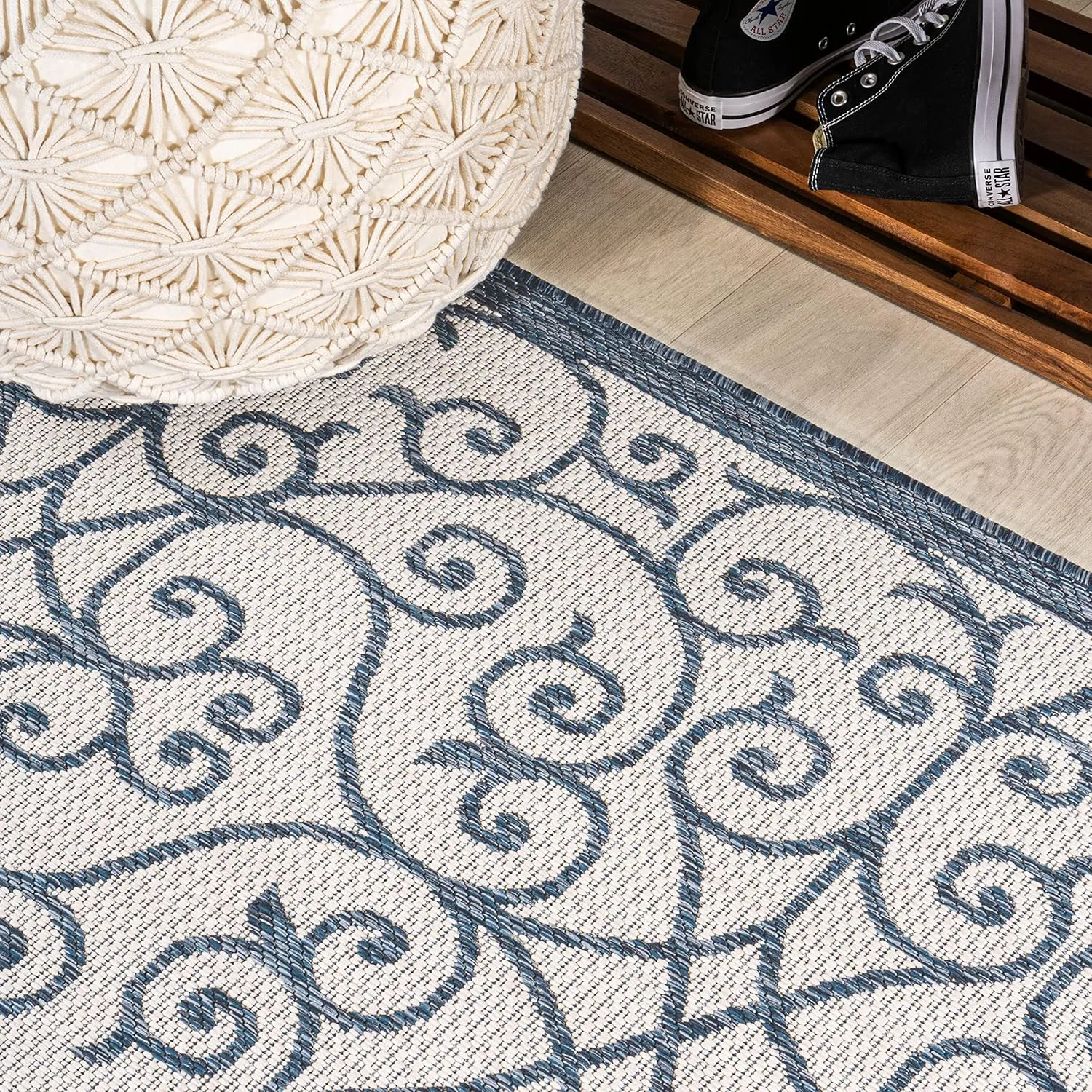 JONATHAN Y SMB107F-28 Madrid Vintage Filigree Textured Weave Indoor Outdoor Runner Rug, Classic, Traditional, Transitional Easy Cleaning,Bedroom,Kitchen,Backyard,Patio,Non Shedding, Cream/Blue, 2 X 8