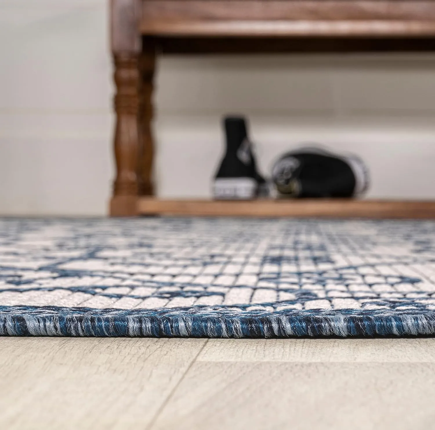 JONATHAN Y SMB107F-28 Madrid Vintage Filigree Textured Weave Indoor Outdoor Runner Rug, Classic, Traditional, Transitional Easy Cleaning,Bedroom,Kitchen,Backyard,Patio,Non Shedding, Cream/Blue, 2 X 8